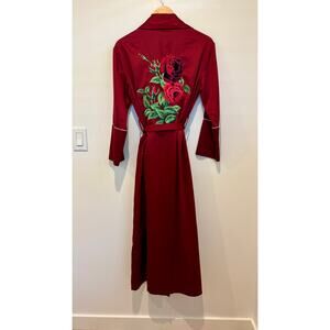 Bed to Brunch Maroon Silky Long Robe with Embroidered Roses – Size Small
